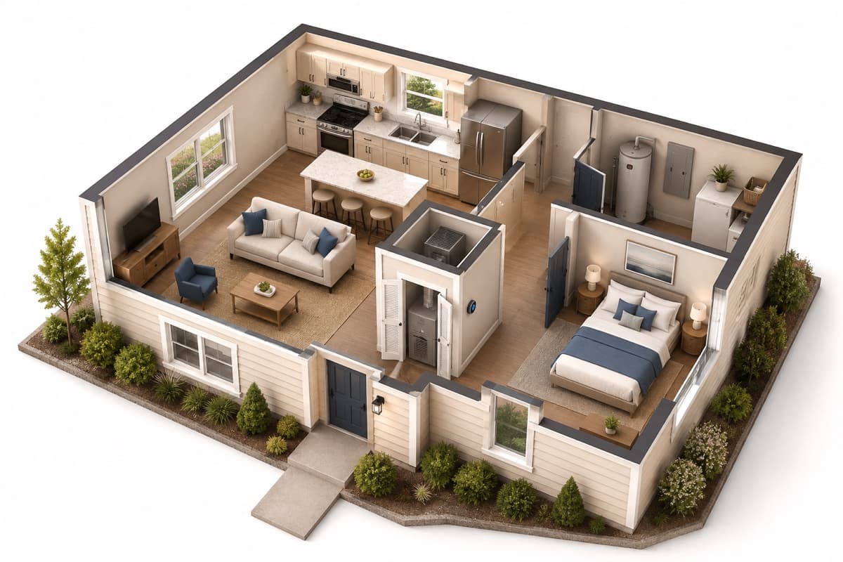Illustrative isometric cutaway of the synthetic Compact Starter Home demo